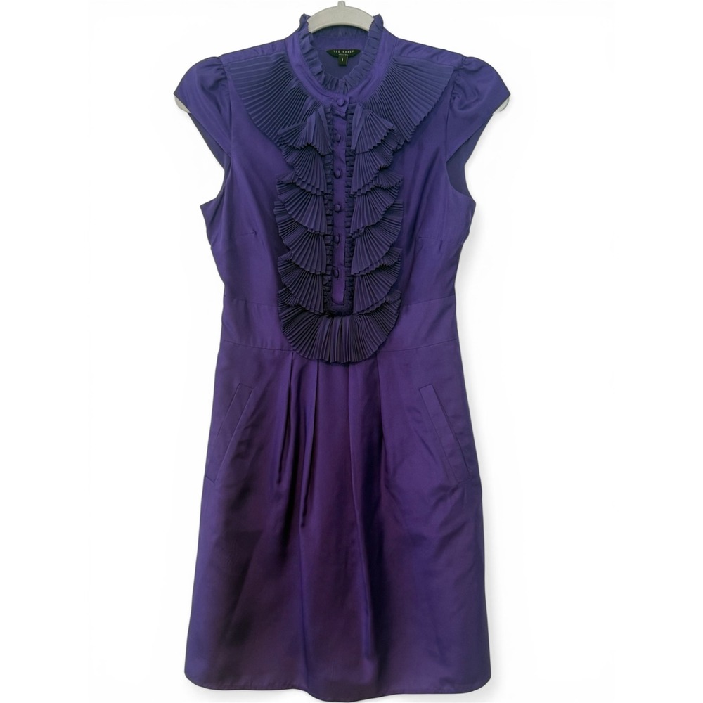 Ted‎ Baker London Silk Ruffle Bib Mini Dress Sz 1/US 4 Purple Pleated Cap Sleeve